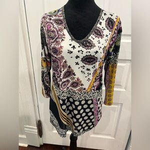 ETRO Milano Vintage Womens Paisley V Neck Long Sleeve Blouse Sz 44 Made In Italy